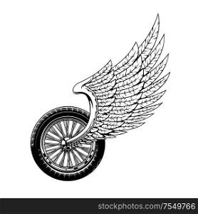 Wheel and wing isolated monochrome bikers club icon. Vector winged wheel race symbol or rockers monochrome tattoo. Bike or motorcycle rally label, racing championship or tournament. Winged wheel motorcycle bike rally symbol