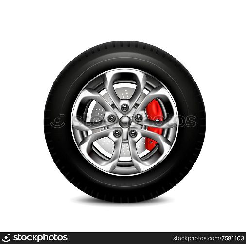 Wheel brake system realistic composition with blank background shadow and image of tyre with alloy wheel vector illustration