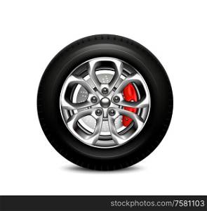 Wheel brake system realistic composition with blank background shadow and image of tyre with alloy wheel vector illustration