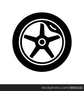 Wheel damage black glyph icon. Collision damaged vehicle. Driving on cracked rim. Uneven wear in tires. Hazardous condition. Silhouette symbol on white space. Vector isolated illustration. Wheel damage black glyph icon