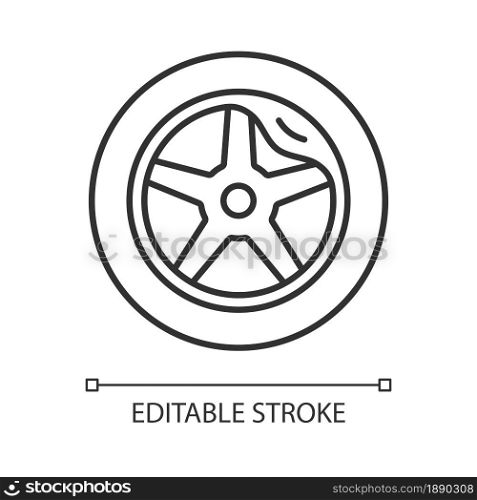Wheel damage linear icon. Collision damaged vehicle. Driving on cracked rim. Uneven wear in tires. Thin line customizable illustration. Contour symbol. Vector isolated outline drawing. Editable stroke. Wheel damage linear icon
