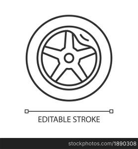 Wheel damage linear icon. Collision damaged vehicle. Driving on cracked rim. Uneven wear in tires. Thin line customizable illustration. Contour symbol. Vector isolated outline drawing. Editable stroke. Wheel damage linear icon
