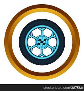 Wheel from racing car vector icon in golden circle, cartoon style isolated on white background. Wheel from racing car vector icon