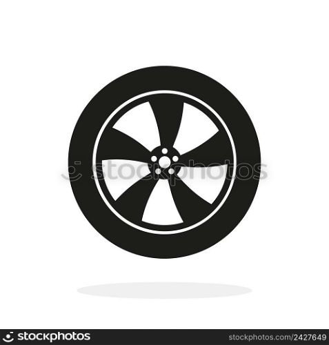 Wheel icon. Car wheel isolated on white background. Tire with rim. Tyre for auto, truck and bus. Black flat logo for automobile parts. Simple round symbol. Vector.