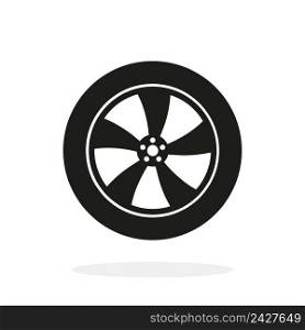 Wheel icon. Car wheel isolated on white background. Tire with rim. Tyre for auto, truck and bus. Black flat logo for automobile parts. Simple round symbol. Vector.