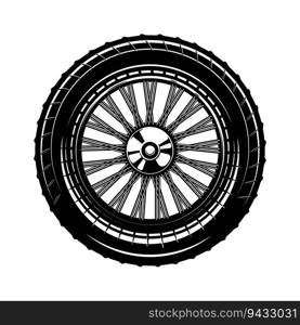 Wheel illustration in monochrome style. Design element for logo, label, sign, emblem. Vector illustration