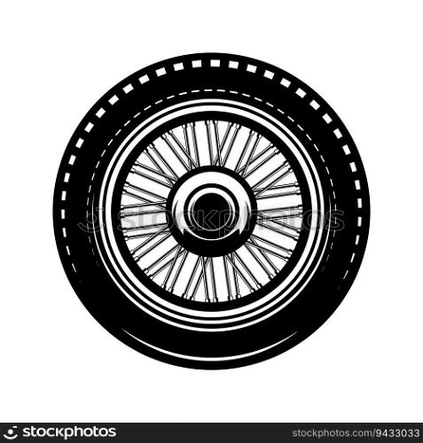 Wheel illustration in monochrome style. Design element for logo, label, sign, emblem. Vector illustration