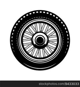 Wheel illustration in monochrome style. Design element for logo, label, sign, emblem. Vector illustration