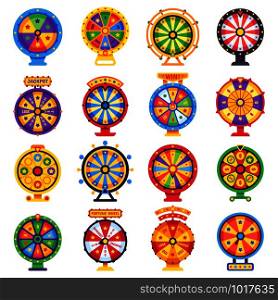 Wheel of fortune. Turning lucky spin game wheels, spinning money roulette motion, gamble opportunity win prize. Gambling casino jackpot luck chance isolated symbols flat vector set. Wheel of fortune. Turning lucky spin game wheels, spinning money roulette isolated flat vector set
