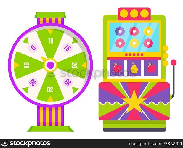 Wheel of fortune with colorful sectors with numbers. Slot machine with fruits and flowers icons isolated on white. Lucky roulette and arcade games. Gambling and casino concept vector illustration. Wheel of Fortune and Colorful Slot Machine Vector