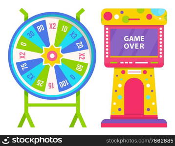 Wheel of fortune with colorful sectors with numbers and slot machine with game over on screen isolated on white. Lucky roulette and arcade games. Gambling and casino concept vector illustration. Wheel of Fortune and Slot Machine with Game Over