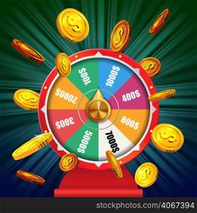 Wheel of fortune with flying golden coins. Casino business advertising design. For posters, banners, leaflets and brochures.