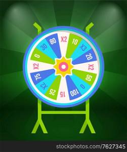 Wheel of fortune with prize stakes on stand isolated on green. Casino gambling game icon, vegas entertainment device, betting and leisure activities. Wheel of Fortune with Prize Stakes on Stand Isolated