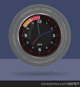 Wheel of time. Tire style decorative wall clock. Creative business idea. Isolated monochromatic background. Vector illustration.