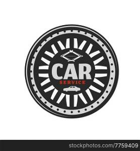 Wheel rim vector icon of car service, auto repair shop and mechanic garage. Isolated vehicle wheel rim made of chrome and aluminum alloy with auto, car and tire jack round icon. Wheel rim icon of car service and auto repair shop