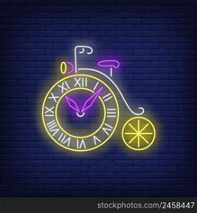 Wheel shaped clock neon sign. Vintage bicycle, watch, retro. Time concept. Vector illustration in neon style, glowing element for posters, banners, flyers