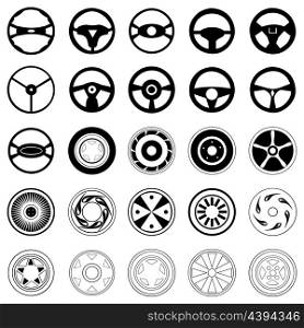 Wheel. Silhouettes of black colour of wheels and automobile disks. A vector illustration