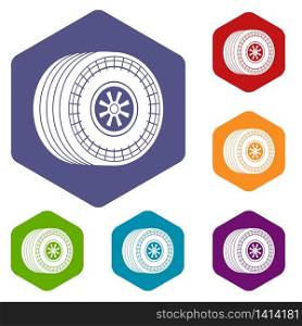 Wheel sport car icons vector colorful hexahedron set collection isolated on white. Wheel sport car icons vector hexahedron