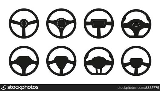 Wheel steering for car. Handle wheel of car. Auto steering collection. Modern icons for steer. Variety silhouettes of vehicle drive. Round different racing set isolated on white background. Vector.