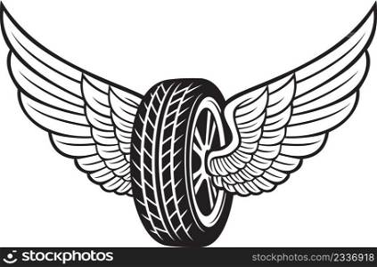 Wheel  tyre  and wings black and white. Vector illustration.
