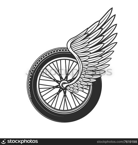 Wheel with wing, racing symbol or tattoo, speedway racing club, car and motorcycle rally races icon. Sport car championship and bike racing speedway cup tournament wheel with feather wing. Wheel with wing, racing symbol or tattoo icon