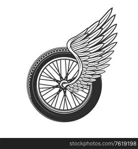 Wheel with wing, racing symbol or tattoo, speedway racing club, car and motorcycle rally races icon. Sport car championship and bike racing speedway cup tournament wheel with feather wing. Wheel with wing, racing symbol or tattoo icon