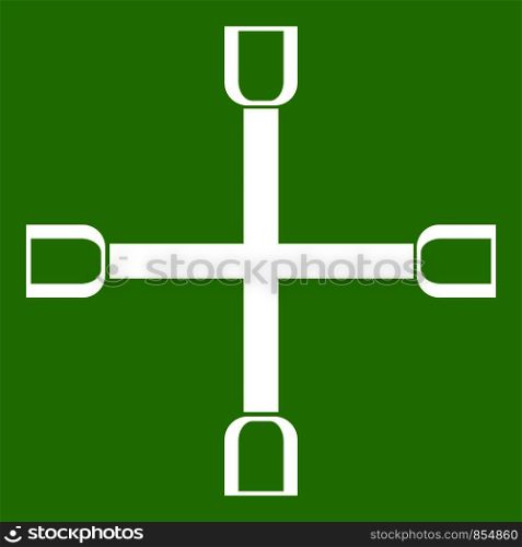 Wheel wrench cross icon white isolated on green background. Vector illustration. Wheel wrench cross icon green