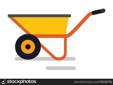 Wheelbarrow construction equipment, side view of machine with handle. Empty trolley on white, transport for building tools, machinery and repair vector. Construction Equipment, Wheelbarrow Sign Vector