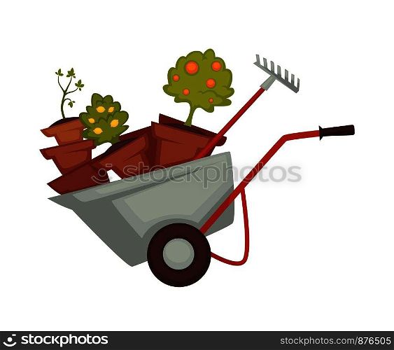 Wheelbarrow farming equipments and tools. Fresh tree with ripe fruits placed in metal cart with handle. Season gardening growing plants, agricultural rake isolated on white vector illustration. Wheelbarrow farming equipments and tools on vector illustration