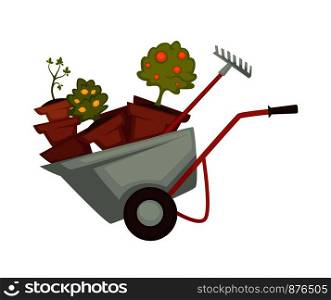 Wheelbarrow farming equipments and tools. Fresh tree with ripe fruits placed in metal cart with handle. Season gardening growing plants, agricultural rake isolated on white vector illustration. Wheelbarrow farming equipments and tools on vector illustration