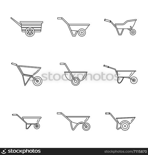 Wheelbarrow garden plant yard icons set. Outline illustration of 9 wheelbarrow garden plant yard vector icons for web. Wheelbarrow garden plant icons set, outline style