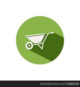 Wheelbarrow. Icon on a green circle. Gardening glyph vector illustration