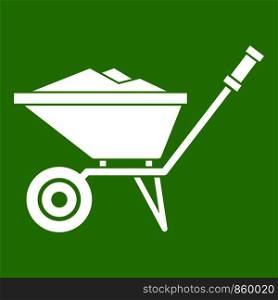 Wheelbarrow icon white isolated on green background. Vector illustration. Wheelbarrow icon green