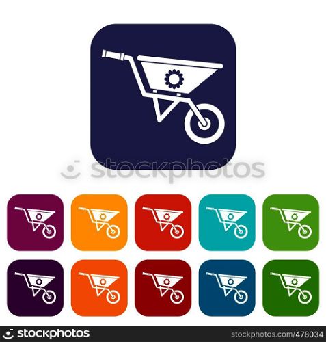 Wheelbarrow icons set vector illustration in flat style in colors red, blue, green, and other. Wheelbarrow icons set