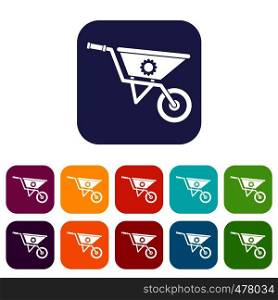Wheelbarrow icons set vector illustration in flat style in colors red, blue, green, and other. Wheelbarrow icons set
