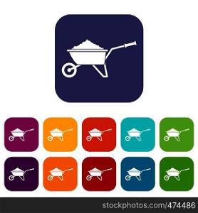 Wheelbarrow loaded with soil icons set vector illustration in flat style In colors red, blue, green and other. Wheelbarrow loaded with soil icons set