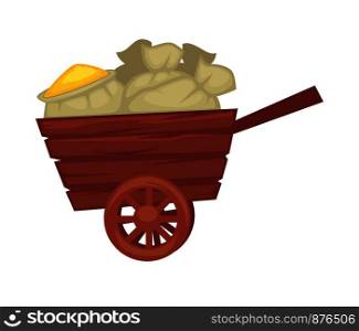 Wheelbarrow made of wood transporting farming production in sacks. Crops and wheat gathered in bags for storage preserving. Rural area products in summer time isolated on white vector illustration. Wheelbarrow made of wood transporting farming production vector illustration
