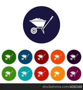 Wheelbarrow set icons in different colors isolated on white background. Wheelbarrow set icons