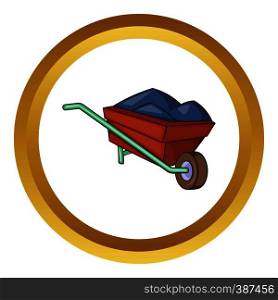 Wheelbarrow with earth vector icon in golden circle, cartoon style isolated on white background. Wheelbarrow with earth vector icon