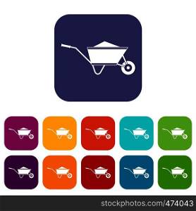 Wheelbarrow with sand icons set vector illustration in flat style In colors red, blue, green and other. Wheelbarrow with sand icons set