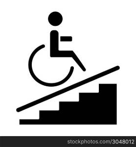 Wheelchair access glyph icon. Accessible to handicap people. Facilities for disabled persons. Wheelchair ramp sign. Apartment amenities. Silhouette symbol. Negative space. Vector isolated illustration