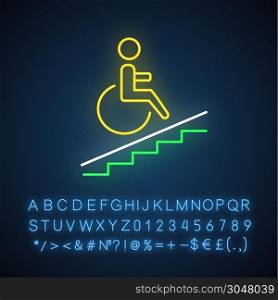 Wheelchair access neon light icon. Accessible to handicap people. Facilities for disabled persons. Wheelchair ramp sign. Glowing sign with alphabet, numbers and symbols. Vector isolated illustration