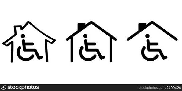 Wheelchair and home quarantine. Person with a disability, people with disability or physical handicap. Flat vector pictogram or symbol. Mobility symbol. Disabled person. Indoor, wheelchairs access. 