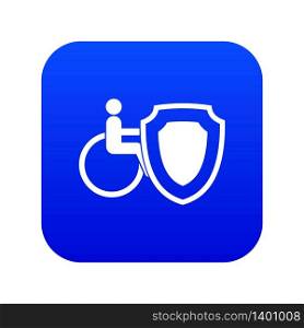 Wheelchair and safety shield icon digital blue for any design isolated on white vector illustration. Wheelchair and safety shield icon digital blue