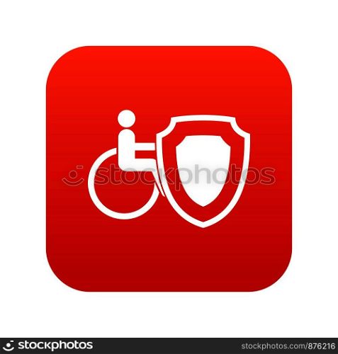 Wheelchair and safety shield icon digital red for any design isolated on white vector illustration. Wheelchair and safety shield icon digital red