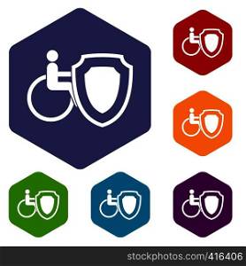 Wheelchair and safety shield icons set rhombus in different colors isolated on white background. Wheelchair and safety shield icons set