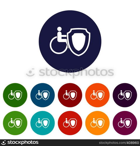Wheelchair and safety shield set icons in different colors isolated on white background. Wheelchair and safety shield set icons