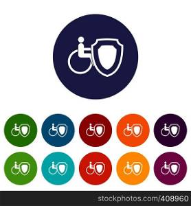 Wheelchair and safety shield set icons in different colors isolated on white background. Wheelchair and safety shield set icons