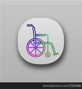 Wheelchair app icon. Invalid chair. Wheel chair. UI/UX user interface. Disability. Handicap equipment. Mobility aid. Web or mobile application. Vector isolated illustration. Wheelchair app icon