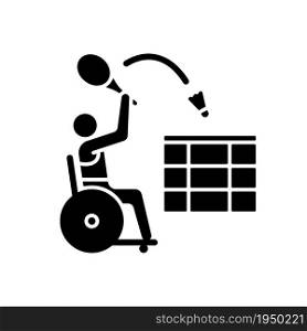 Wheelchair badminton black glyph icon. Hitting shuttlecock with racket game. Rival sport competition. Sportsman with disability. Silhouette symbol on white space. Vector isolated illustration. Wheelchair badminton black glyph icon